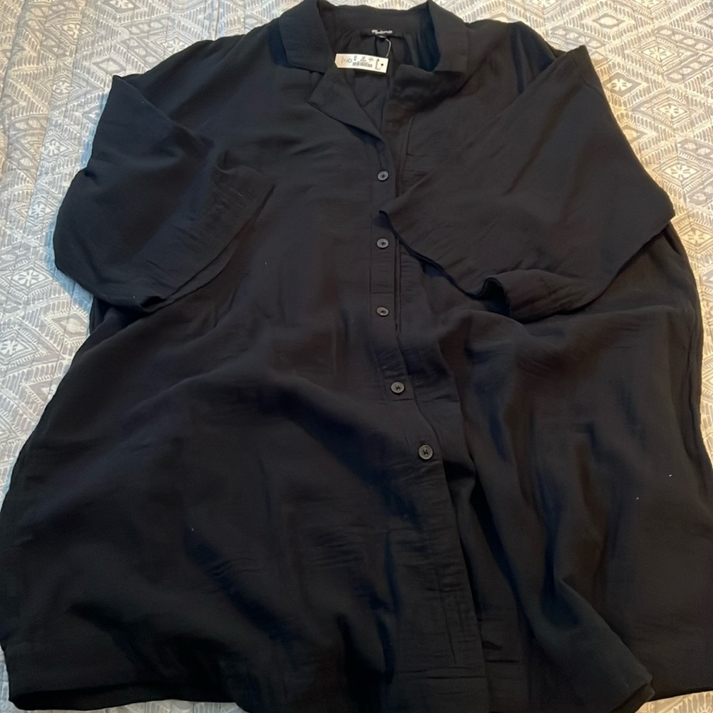 NWT Madewell Crinkle Cotton Cover-Up Mini Shirtdress sz L black